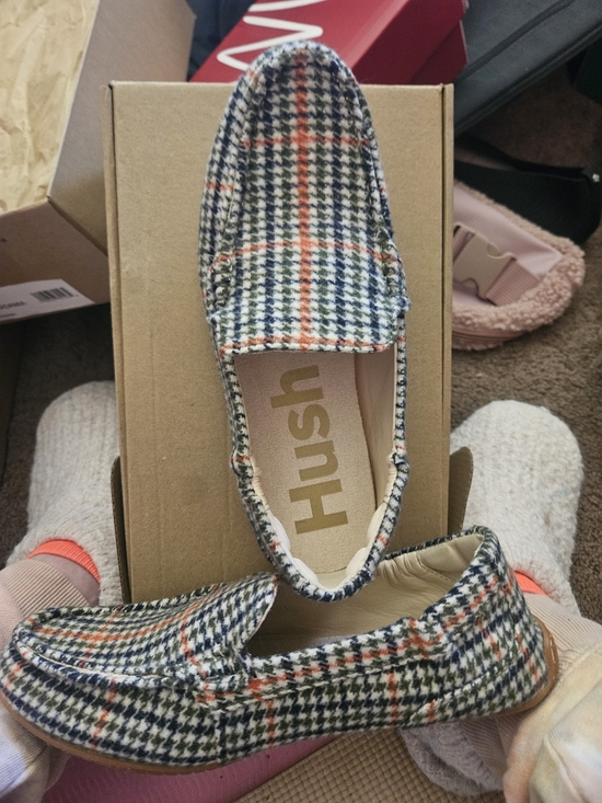 Shoes - Hush Puppies Plaid Slip-On Loafers - Navy, Cream & Orange